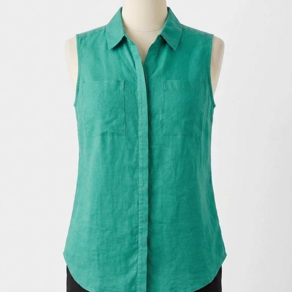 Chico's Sleeveless Linen Button Down Shirt Womens 12 Green Collared Tunic